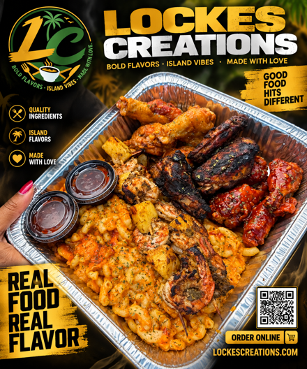 Lockes Creations Football Platter Special — a tray of mac and cheese, jerk shrimp skewers and wings for $35